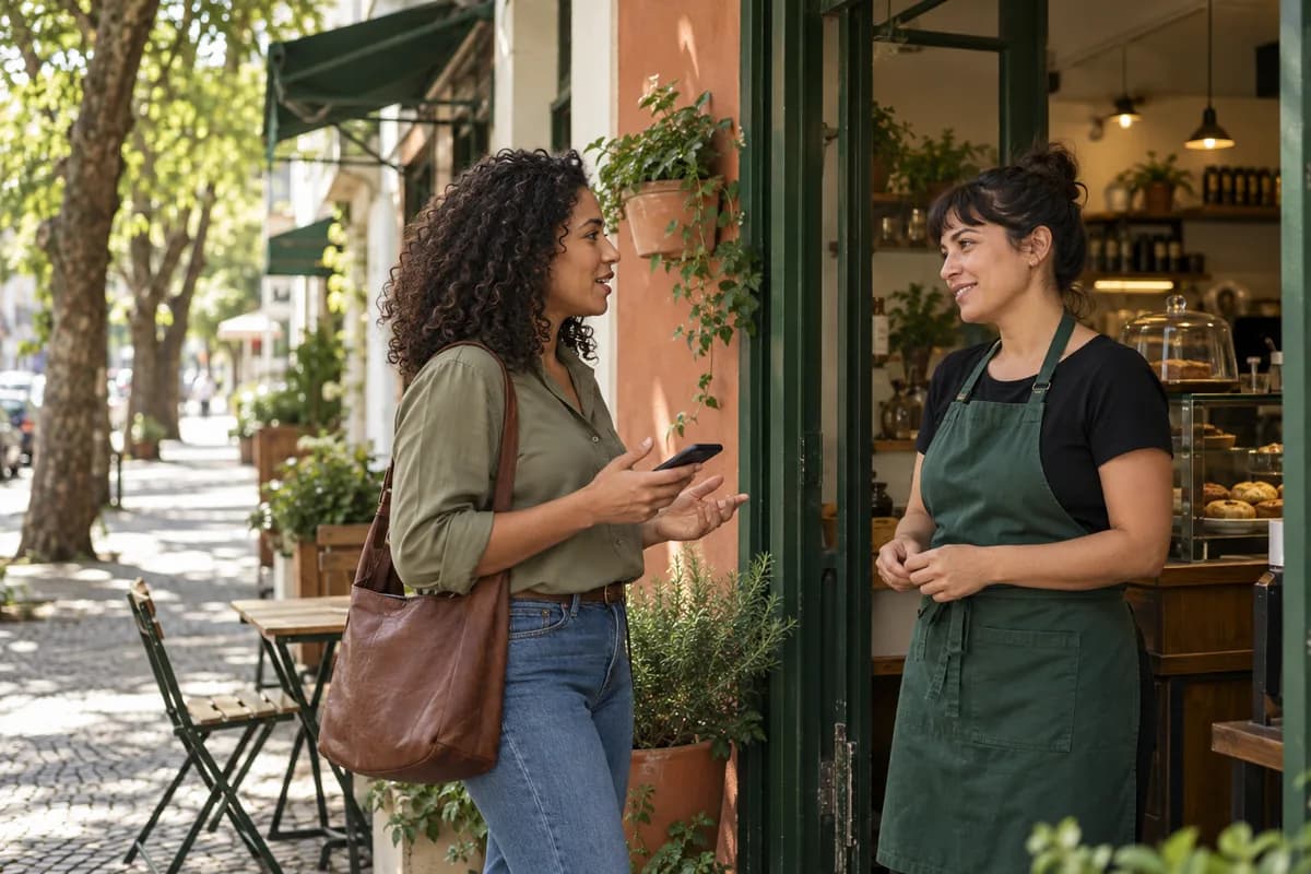 Imagem ilustrativa de uma profissional conversando com o responsável por um café de bairro